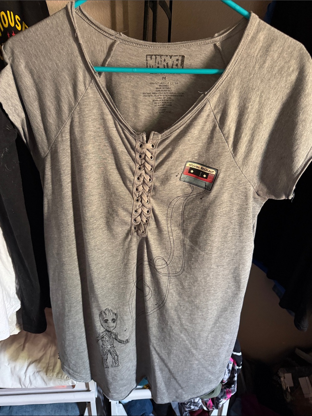 Marvel Light Gray Lace-Up Tee with Groot & Cassette Graphic